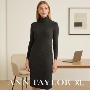 Ann Taylor Gray Turtleneck Long‎ Sleeve Ruched Knit Midi Dress XL
